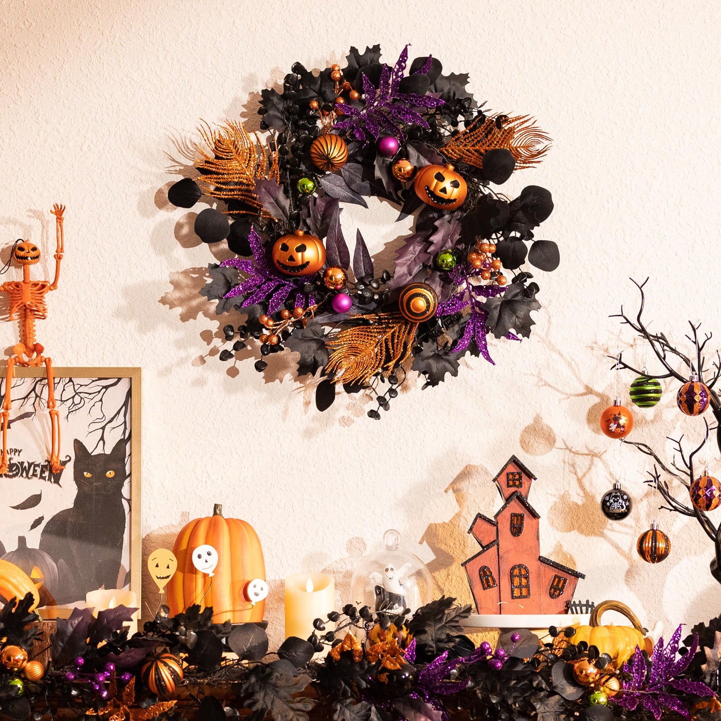 Valery Madelyn 18 Inch Halloween Wreath for Front Door with Lights, Pre-Lit Fall White Pumpkin Skull Wreath Pink Roses Halloween Decorations for Home Porch Table Centerpiece Party Holiday Autumn Decor