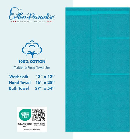Cotton Paradise 6-Piece Towel Set - 100% Soft Absorbent Turkish Bath Towels | Aqua Blue