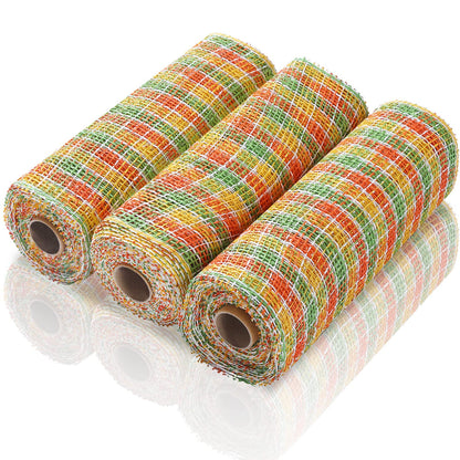 Chuangdi 3 Fall Rolls Poly Burlap Mesh 10 Inches Deco Mesh for Wreath Thanksgiving Yellow Orange and Green Sunflower Plaid Decorative Ribbon for Autumn Wreath Making Supplies