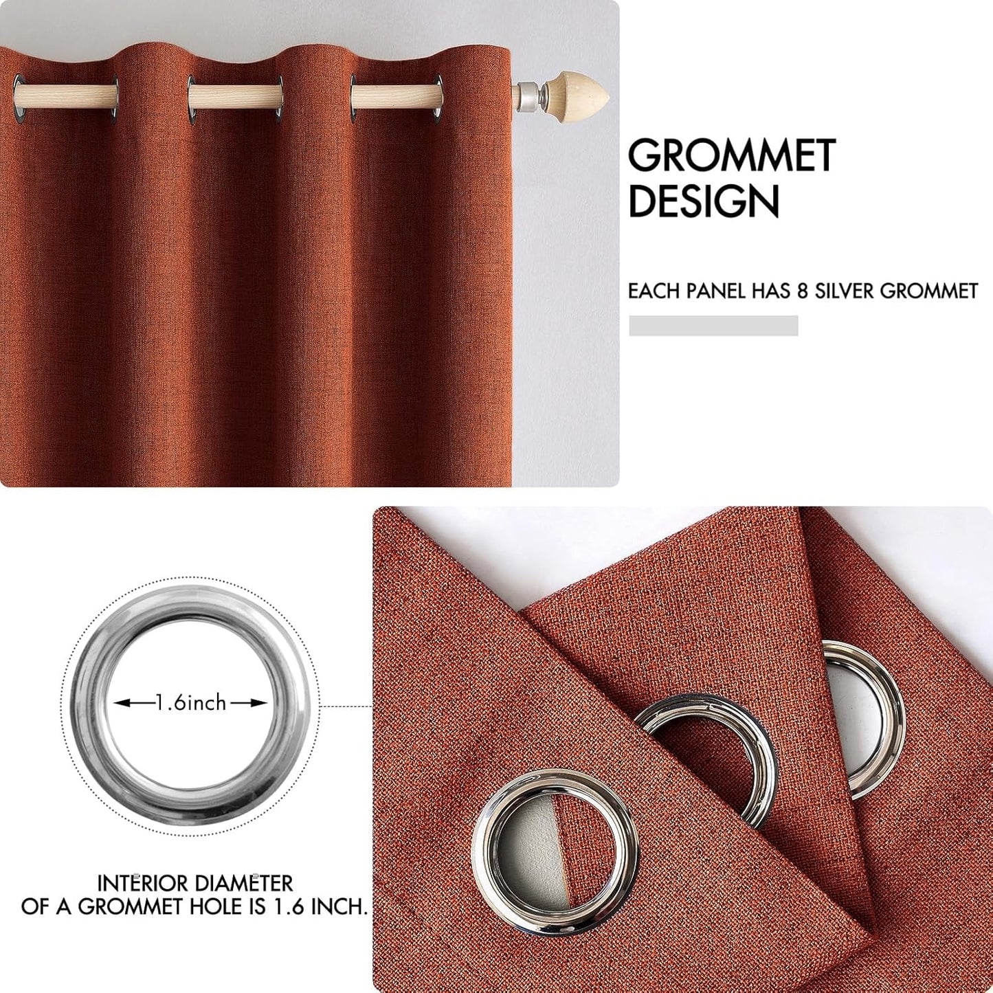 MIULEE Blackout Linen Curtains - 100% Thermal Insulated Burnt Orange Drapes | 52 x 90 Inch (2 Panels)