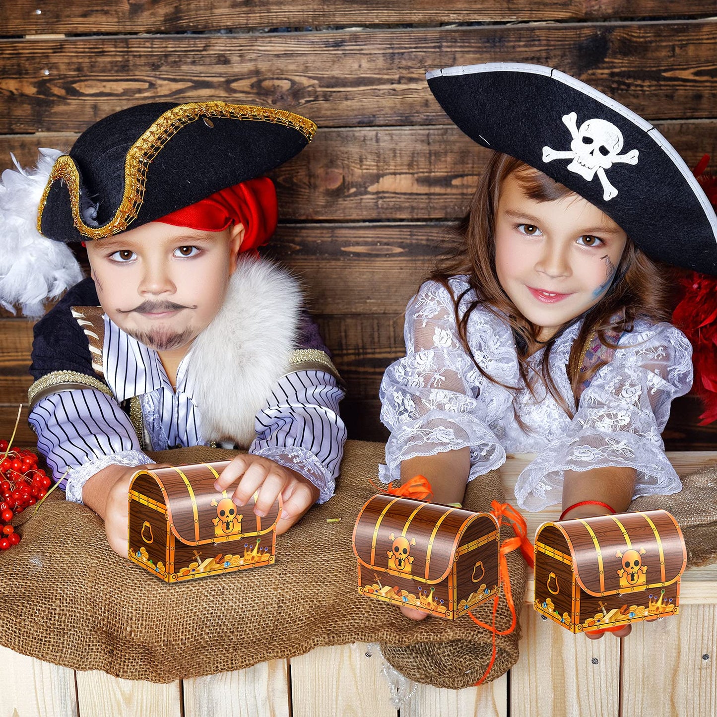 Chinco Treasure Treat Chest Boxes Cardboard Pirate Treasure Chest Party Favor Box Present Goodie Boxes for Halloween Game Pirate Theme Party（48 Pcs）