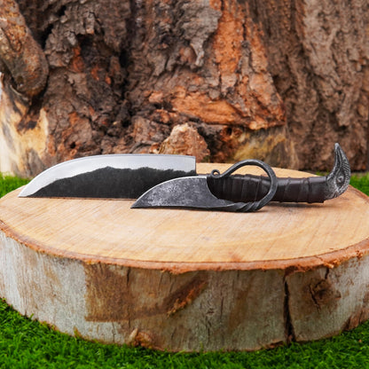 LEONA CRAFT® Viking Knife Set 10” Hand-Forged Carbon Steel Norse Knife with Leather Sheath – Outdoor Camping Hunting Carving Utility Knife, Celtic Design Survival & Hiking Cutting Tool