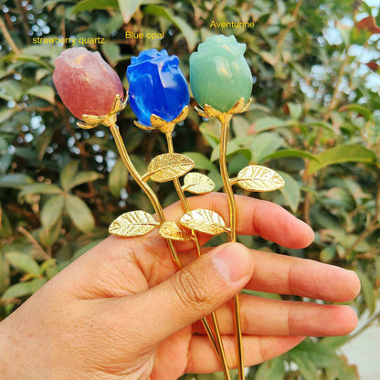 Crystal Rose Gemstone Flower Jewelry Carved Home Decoration,Reiki Heal,Girlfriend Gift,Mom's Gift,Valentines Gift (Golden stem,2piece Sodalite)