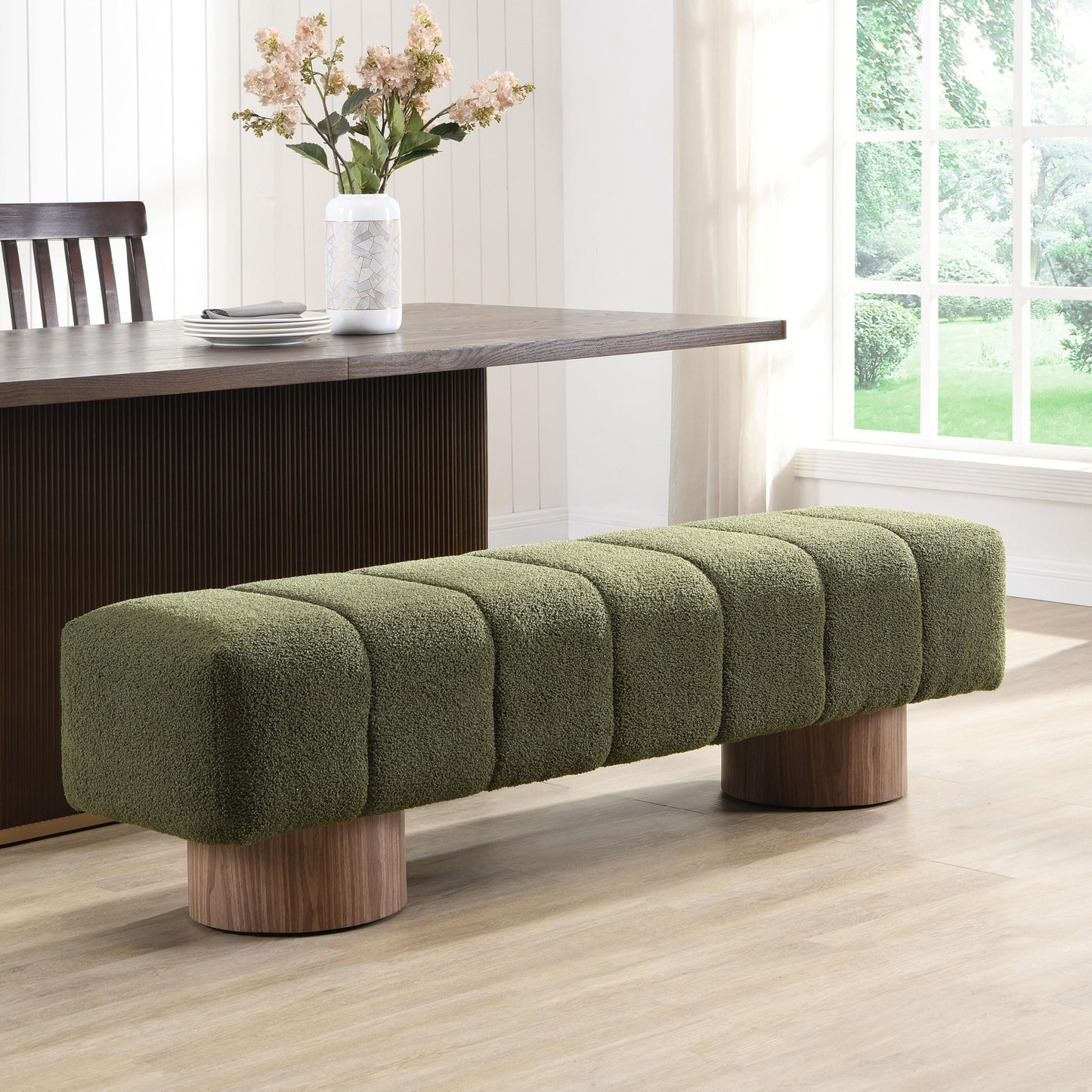 Christopher Knight Home Manila 64" Boucle Dining Bench, Upholstered Ottoman Bench, Rectangular Dining Seat, Spacious Seating, Long Footstool for Living Room Dining Room, No Assembly Needed, Green