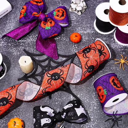 Whaline 6 Rolls Halloween Wired Edge Ribbon 2.5 Inch 30 Yards Glitter Purple Orange Black Ghost Boo Pumpkin Spider Printed Ribbon for Bow Wreath Craft Gift Wrap Party Decor