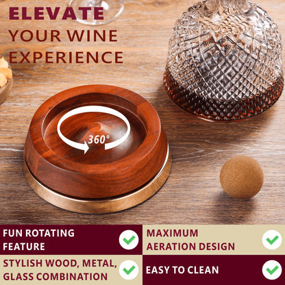 Rotating Wine Decanter with Wooden Base – 360° Spinning Wine Aerator for Fast Oxygenation, Crystal Clear Wine Carafe Decanter for Red Wine, Elegant Wine Decanter Set & Gift Choice