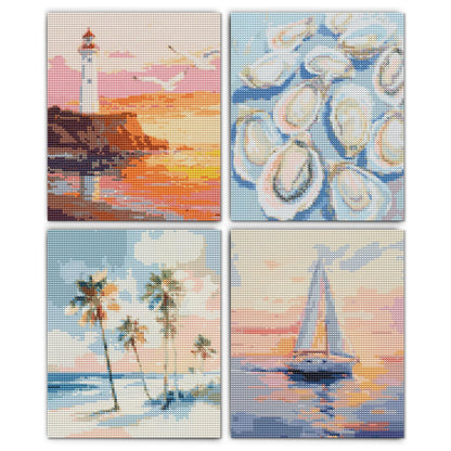 XUNLURY Ocean Beach Diamond Art Kits 4 Pack 10x11.8 Inch, Beach House Room Decor,Tropical Coastal Ocean Oyster Palm Tree Nautical Sailboat DIY Diamond Gem Painting Art Kits for Kids Adults Beginners