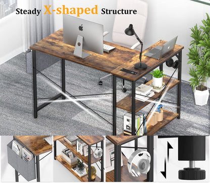 Mr IRONSTONE L Shaped Desk with Outlets & USB Ports, Reversible 47 Inch Office Desk, Corner Desk for Small Space, Home Office Desk with Storage Bag & Hook, Rustic Brown