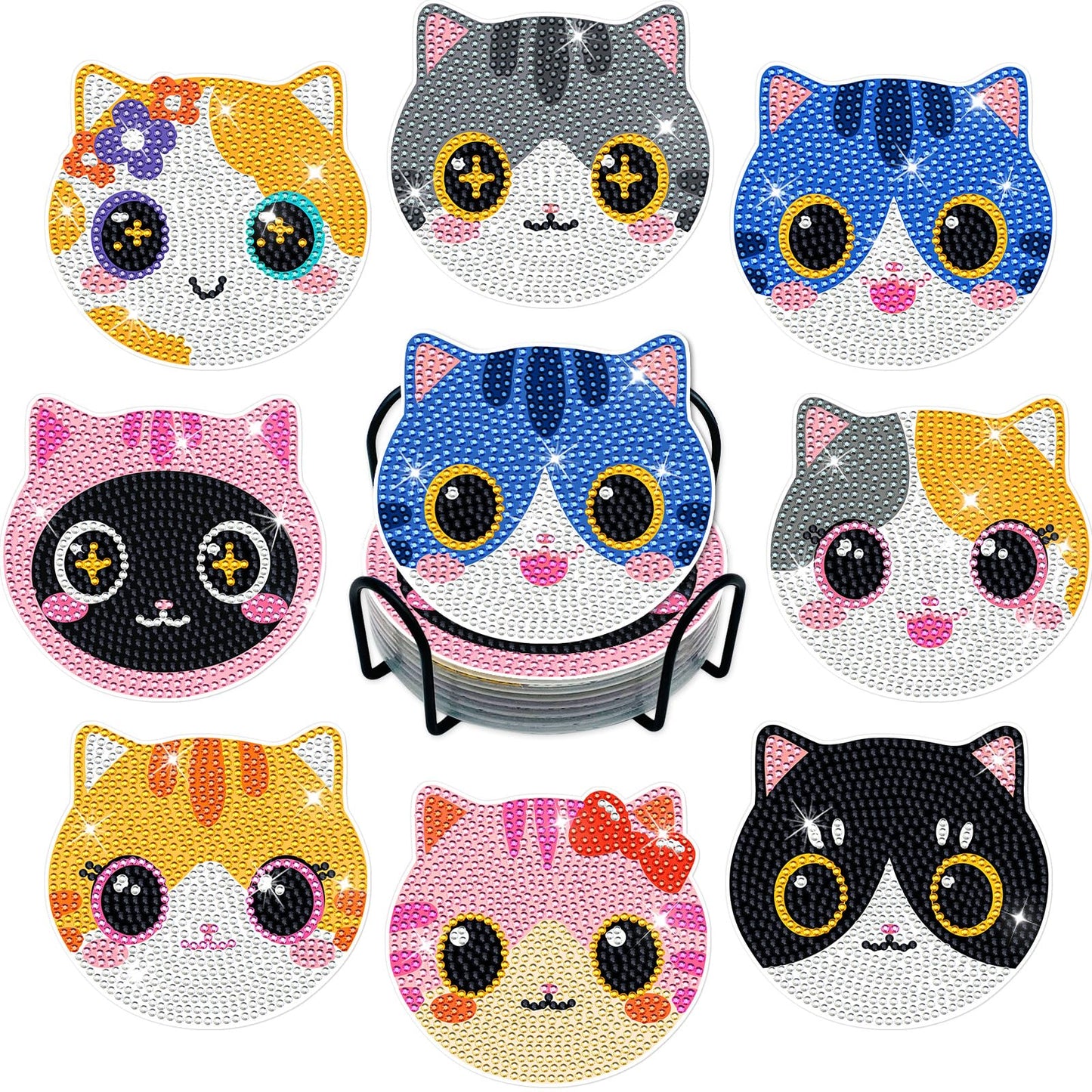 ZTOTZ Cat Diamond Art Painting Coaster Kit, 8Pcs DIY Cute Cat Face Diamond Crafts Kit with Holder, Non Slip Coaster Art Supplies for Adults, The Perfect Christmas and Holiday Gifts