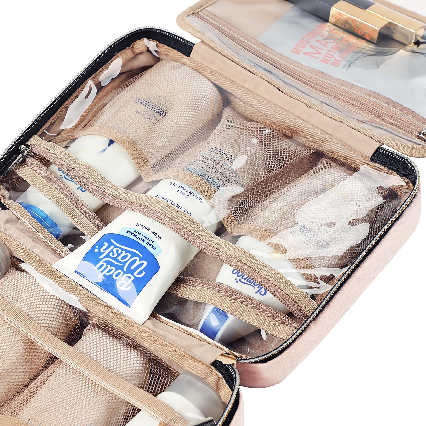 NISHEL Travel Toiletry Bag for women, Portable Hanging Organizer for Travel-Sized Shampoo, Conditioner, Brushes Set, makeup Accessories, Medium Size, Pink