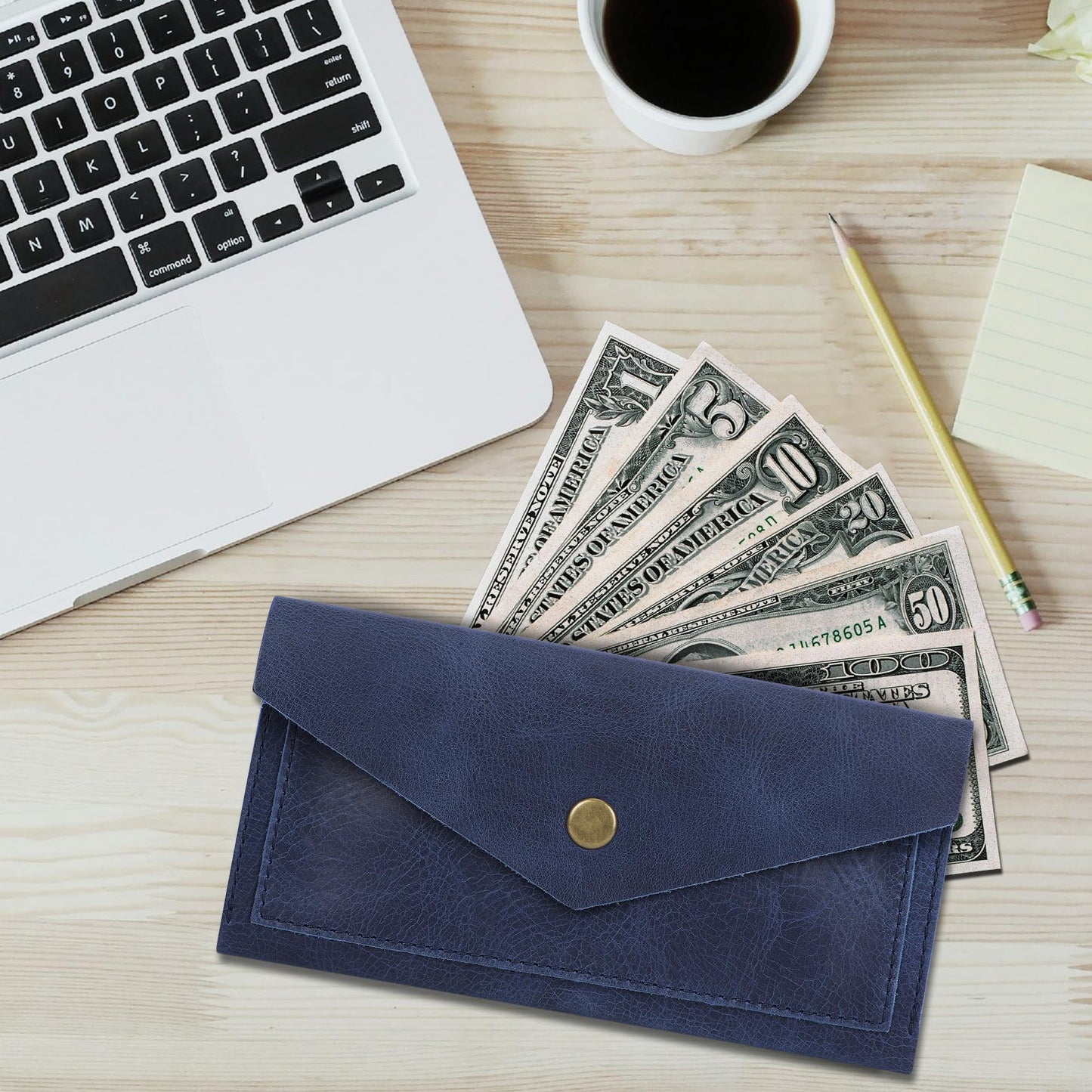 TheAntiq Blue Leather Cash Envelopes for Money Pouch Currency Holders - Soft Leather Money Bag Mobile Holder for Travel - Genuine Leathers Wallets for Women Money Bag - Travel Money Pouch Cash Holder