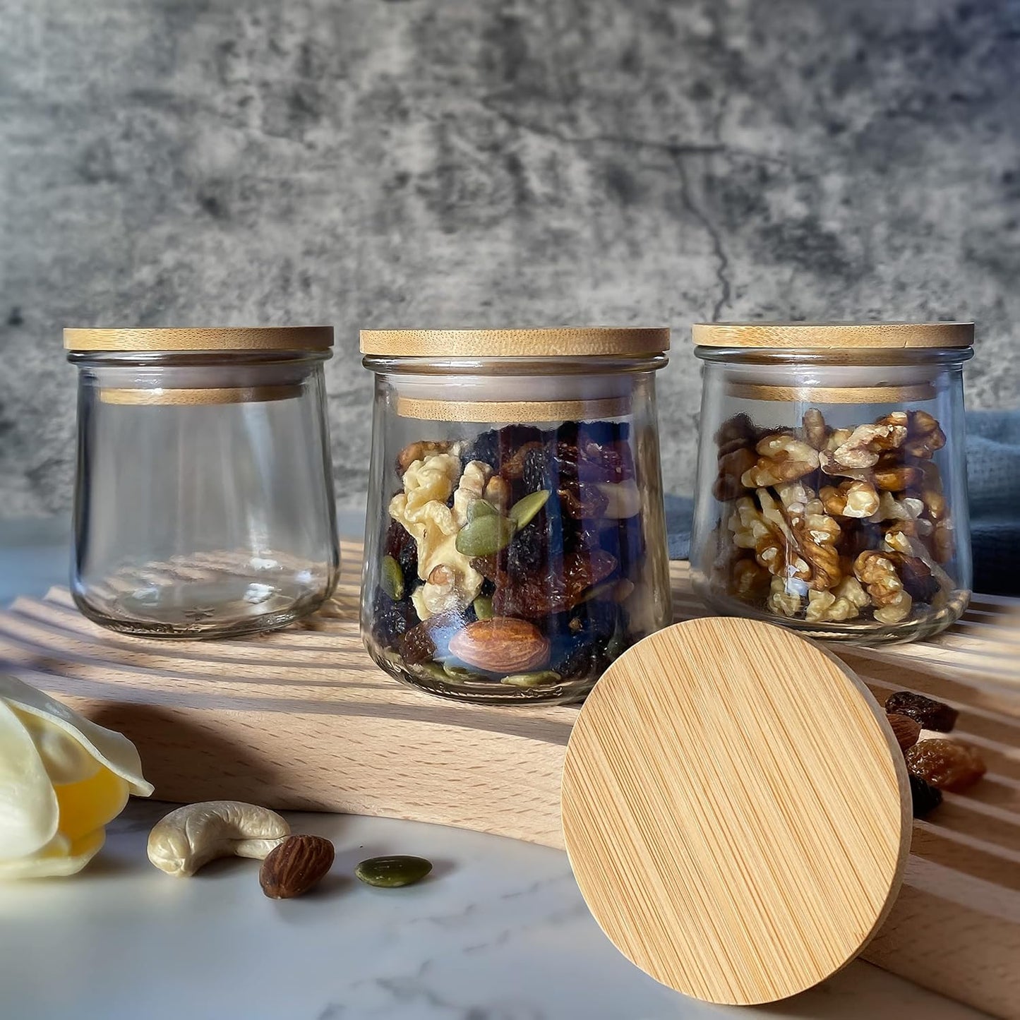 12 pack 5 Oz Oui Yogurt Jar Lids - Oui Lids - Natural Bamboo Wood with Silicone Sealing Rings and Oui Yogurt Bottle