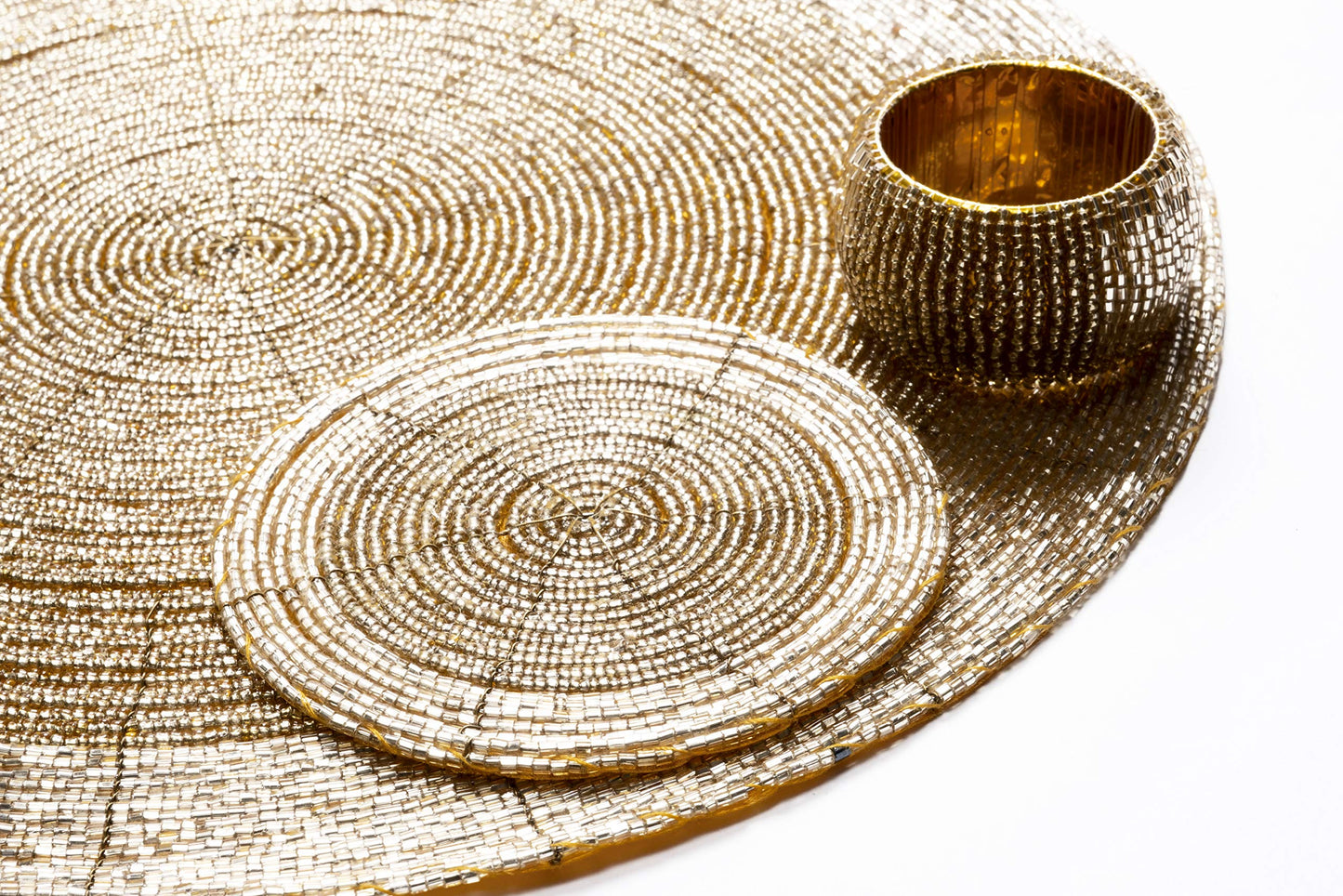 Penguin Home Handcrafted Glass Beaded Round Placemats, Coasters & Napkin Rings Set of 18 - Handmade Table Place Mats for Dining - 32 cm (13") Diameter (Gold)