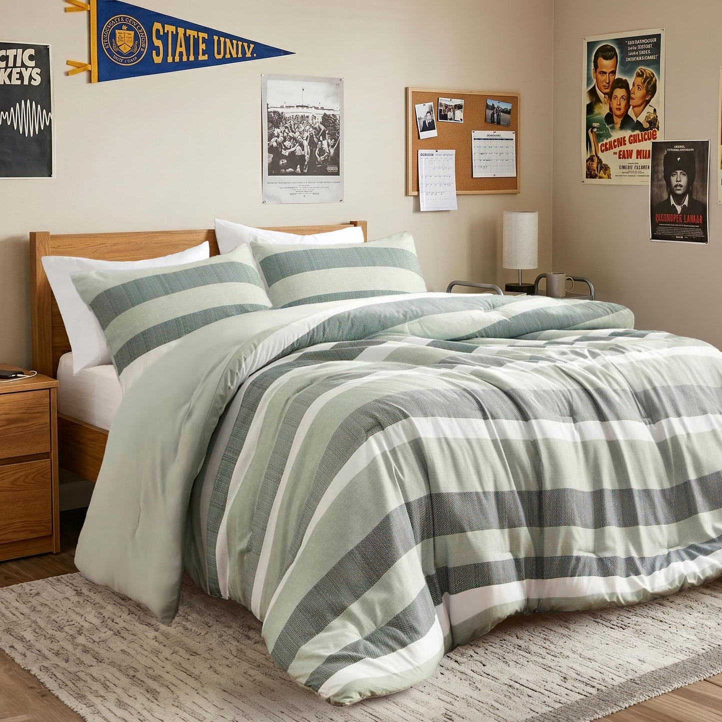 Regency Heights Full/Queen Size Comforter Set Sage Green - 3 Pieces Modern Striped Quilt Bedding for Dorm All Season Soft Lightweight Reversible Bed Set with Comforter & Shams
