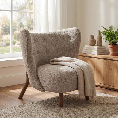 Christopher Knight Home Aurora Boucle Upholstered Wingback Accent Chair, Solid Wood Living Room Slipper Chair, Bedroom Comfy Reading Chair, Brown