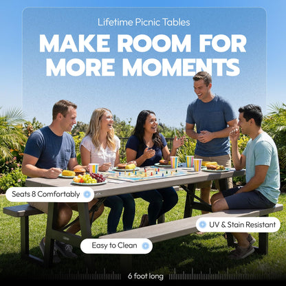 LIFETIME 6-Foot Folding Picnic Table with Benches, Seats 8, Heavy-Duty HDPE Tabletop, Steel Frame, Weather & UV Resistant Outdoor Picnic Table with Umbrella Hole