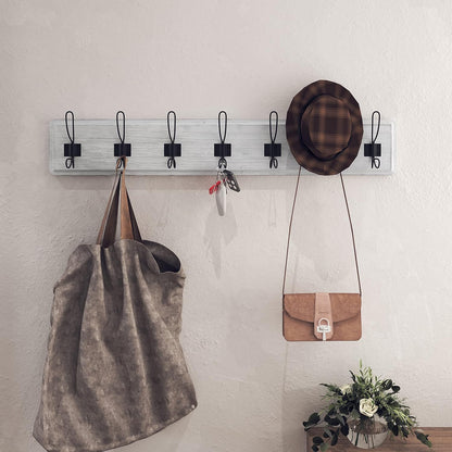 HBCY Creations Whitewash Solid Wood Wall Mounted Coat Rack with Shelf, 7 Hooks, 34" Long for Kitchen, Mudroom, Entryway