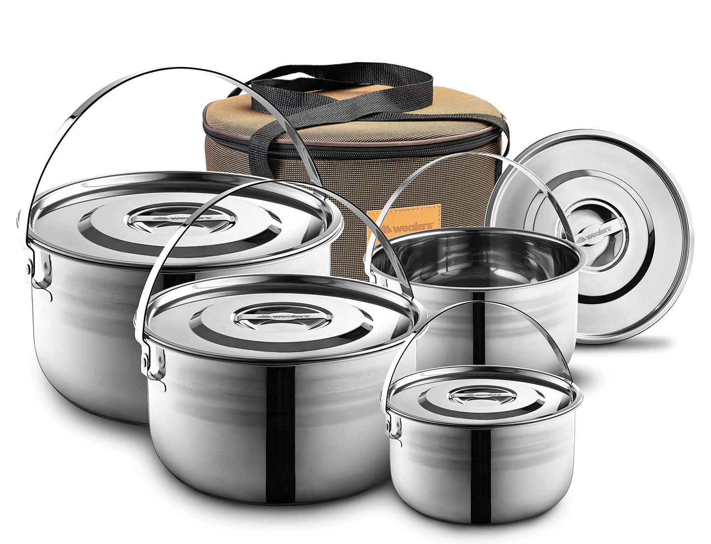 Camping Cookware Set - Compact Stainless Steel Campfire Cooking Pots and Pans | Combo Kit with Travel Tote Bag | Rugged Outdoor 4 Pc Cook Set for Hiking | Barbecues | Beach | Hiking Gear