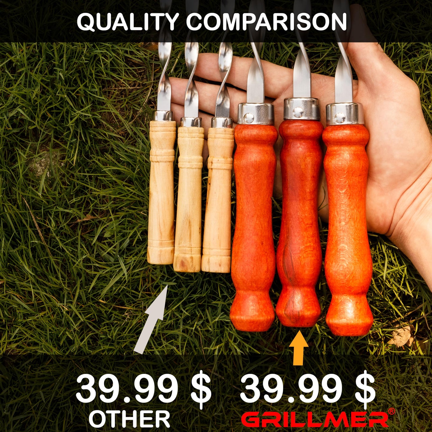 Long Stainless Steel BBQ Skewers 23.6" — Shish Kabob/Kebab Sticks, Flat Heavy-Duty Metal Grilling Rods for Picanha & Shashlik, Brazilian BBQ, Set of 10