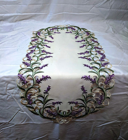 Table Runner with Purple Lavender Lilac Flowers on Antique White Material, Size 44 x 15 inches