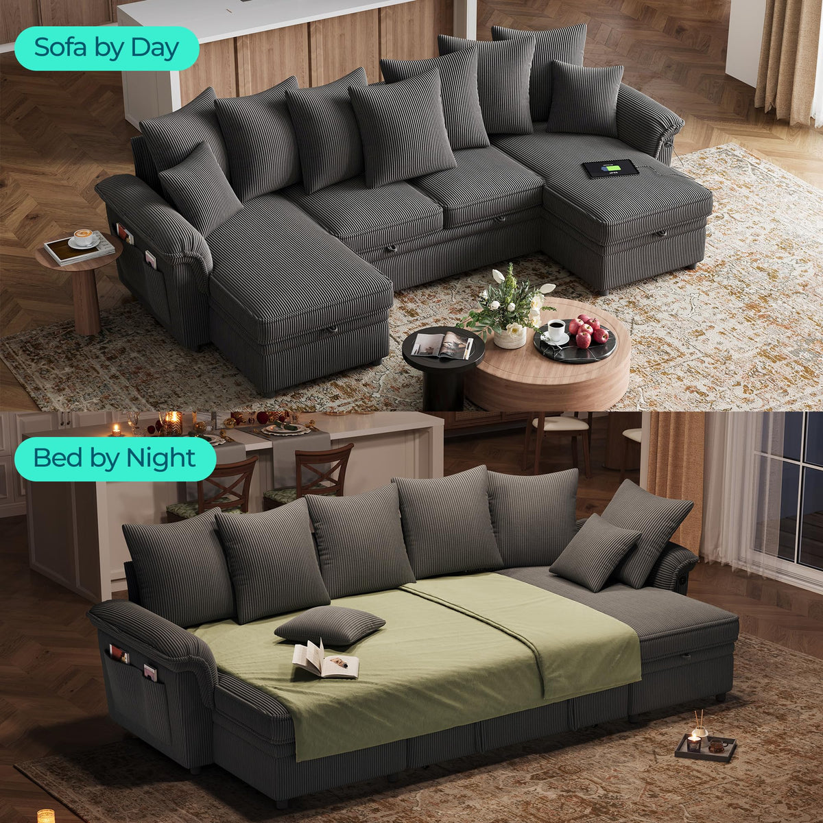 LINSY HOME Oversized Sectional Sleeper Sofa with Pull Out Couch Bed (Gray, 118.5'')