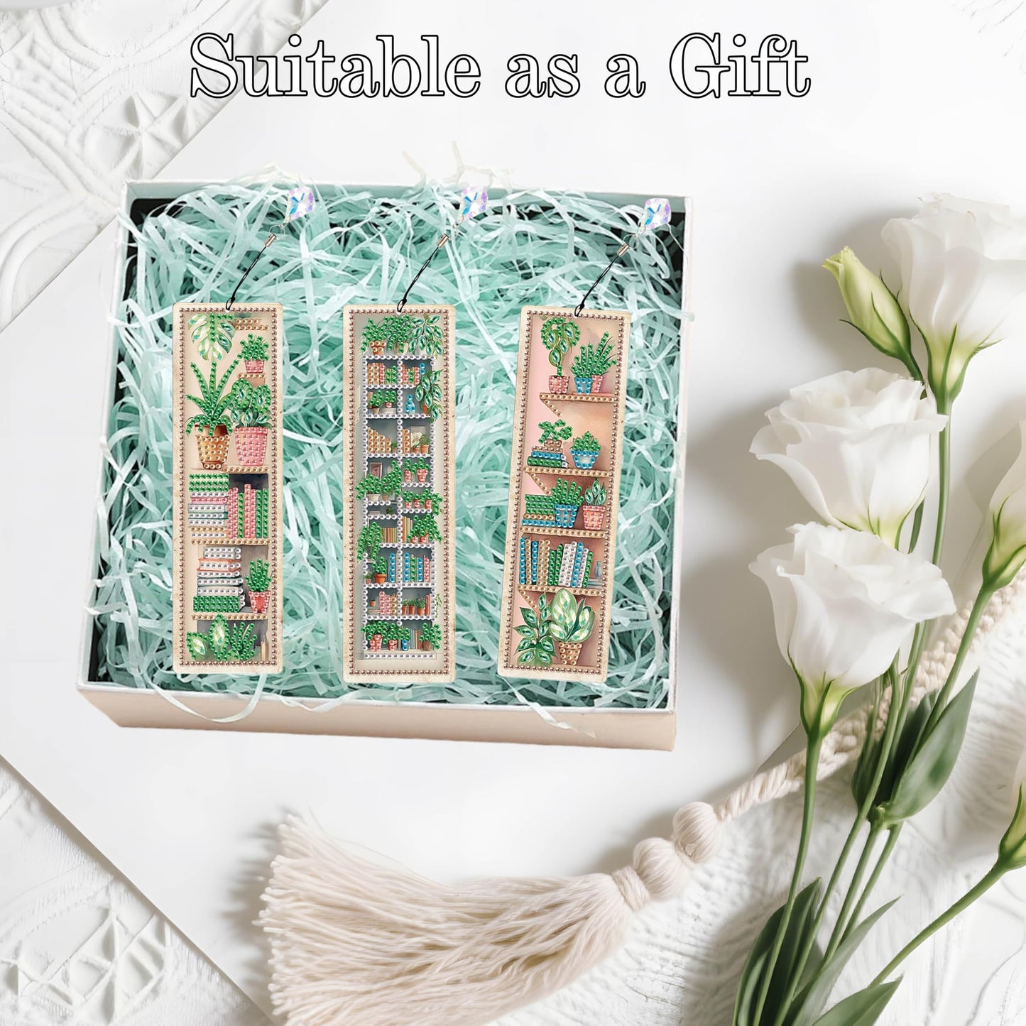 4 Pcs Diamonds Painting Bookmarks Diamond Art Kits for Adults DIY Full Round Gem Crystal Art Bookmarks with Pendant Home Office Supplies for Reading Lovers