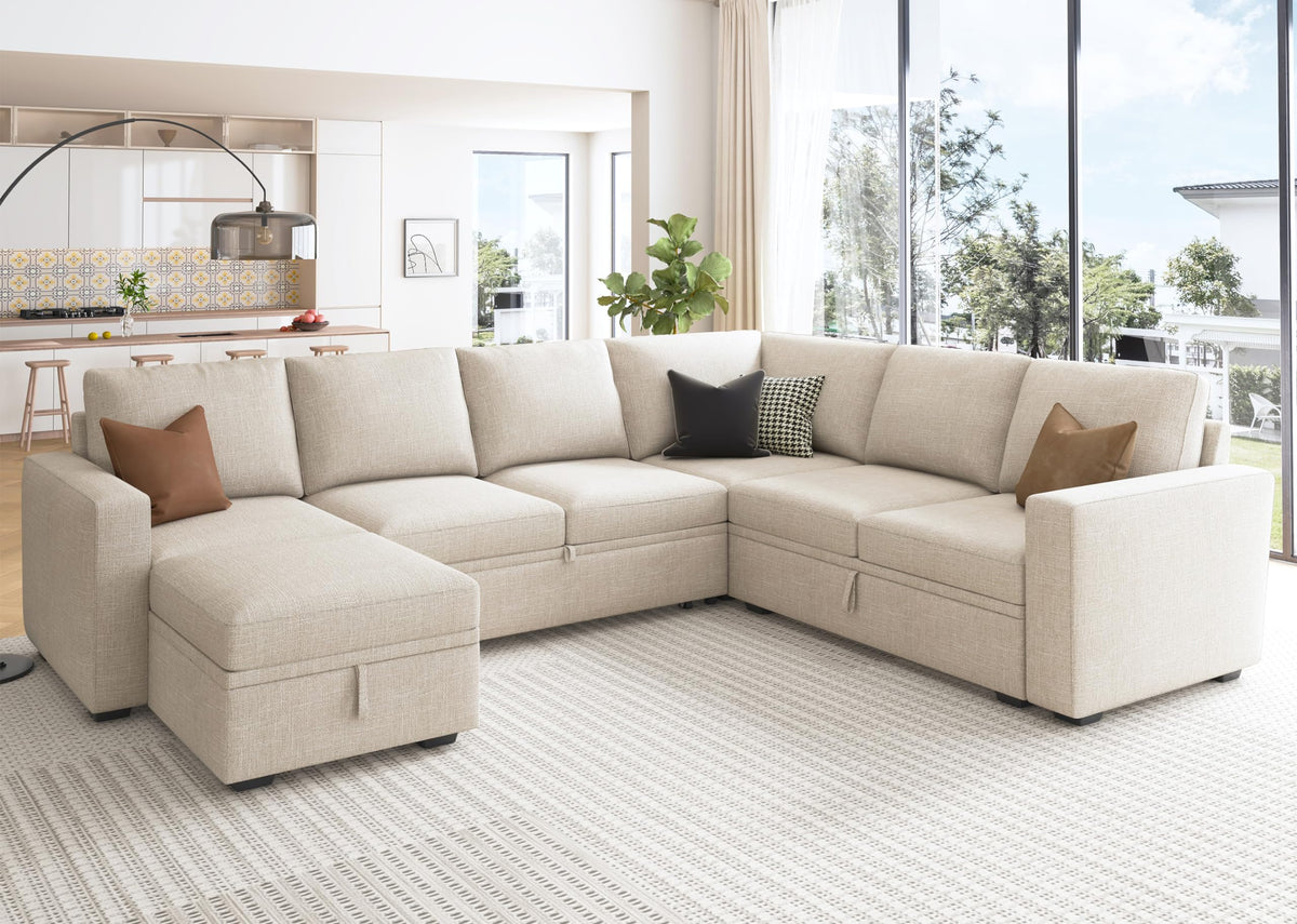 HONBAY Modular Sectional Sleeper Sofa with Pull Out Bed, U Shaped Sectional Couch with Storage Ottoman, Sleeper Sectional Couches for Living Room, Beige