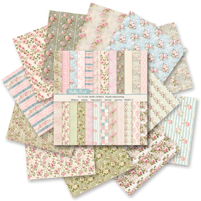VIVIQUEN Spring Floral 12x12 Inch Scrapbook Paper – 24 Double-Sided Vintage Pink Botanical Designs, Acid-Free 160g Cardstock for DIY Crafts, Card Making, Photo Albums, Gift Wrapping, Junk Journals