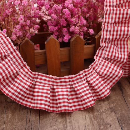 Gingham Ruffle Pleated Lace Trim 1.67" x5yd Gathered Gingham Ribbon Fabric Edge Trimming for Home Decor Merch (Red)