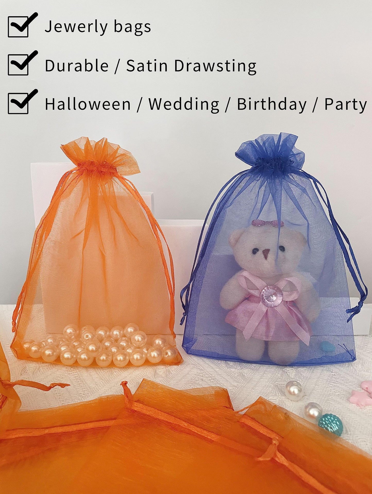 Jexila 50 Pack Orange Organza Gift Bags 8X12 inch Large Mesh Bag Drawstring for Gift Wrap Halloween Goodie Candy Treat Bag for Kids Birthday Halloween Party Favor