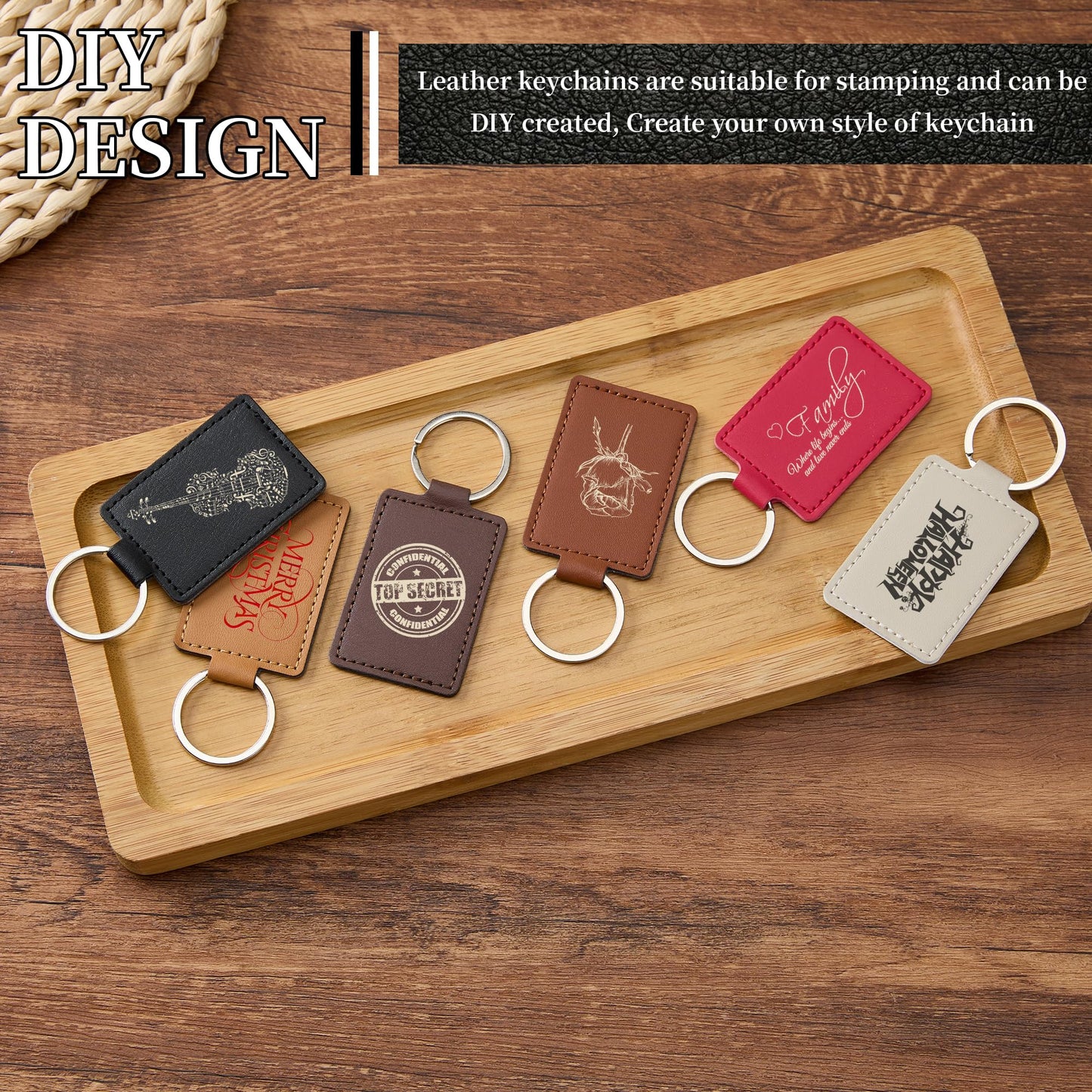 30 Pcs DIY Leather Key Fob Blanks Kit Rectangular PU Leather Keychains with Metal Keychain Rings 6 Colors for Laser Engraving Stamping Painting Working Key chain Craft Supplies Unique Gift Making