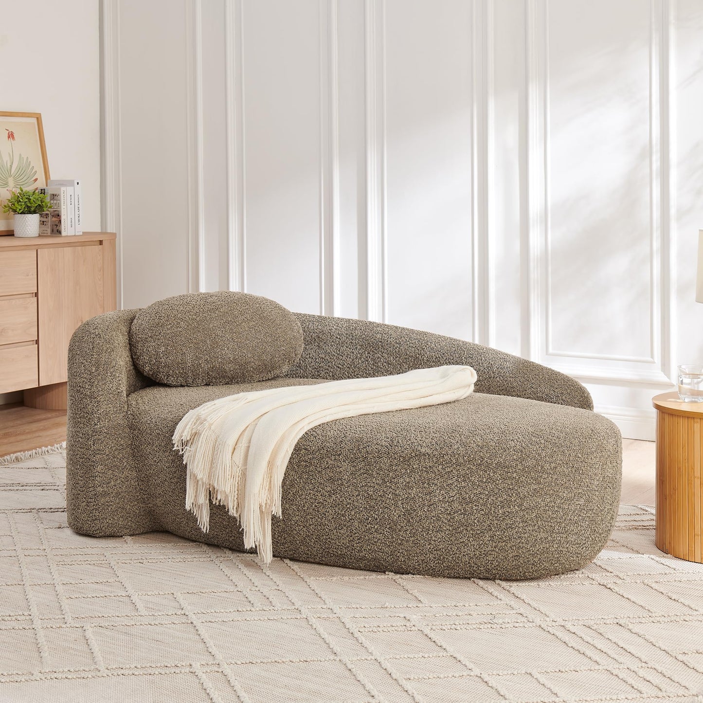 Full Foam Chaise Lounge Chair Indoor, Boucle Upholstered Boneless Chaise Lounge Sofa Bed, Right Facing Leisure Cloud Recliner Couches Sleeper Daybed for Living Room