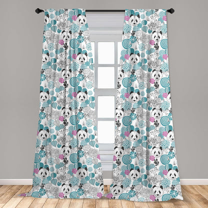 Lunarable Panda Window Curtains, 2-Panel Set with Portraits of Chinese Bears on Sketch Flowers, 28" x 63", Blue Grey
