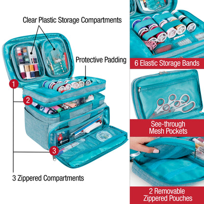 SINGER Sewing Accessories Organizer (Bag Only) – Double Layer Portable Sewing Storage Bag | 2 Detachable Pouches and 18 Compartments, Large Sewing Supplies & Crafting Carry-all (Teal)