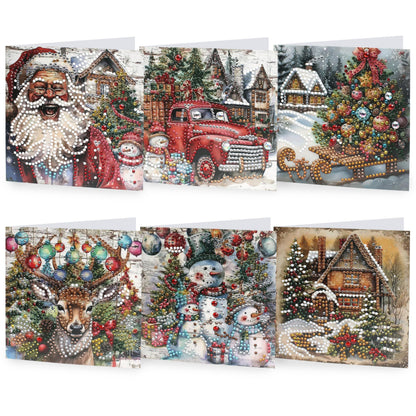 6pcs Diamond Painting Christmas Cards, Art Greeting Envelopes Kit, 5D DIY Rhinestone Painting Postcards with Snowman & Santa Claus, Arts Crafts Thank You Card Set for Birthday, Xmas Holiday Gifts