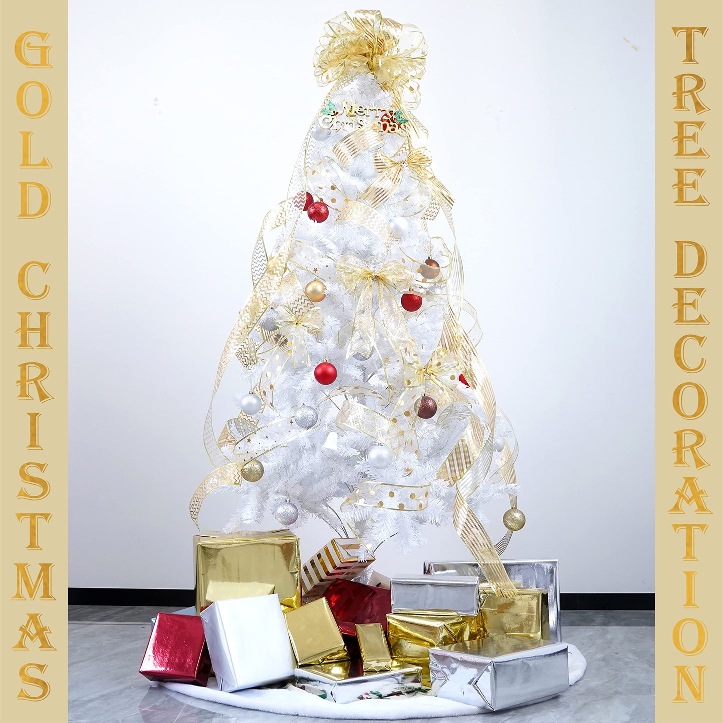 MEEDEE Gold Ribbon for Christmas Tree Decoration - 2.5 Inch, 6 Rolls, 36 Yards - Star and Stripe Wired Ribbon for Tree Garland and Crafts