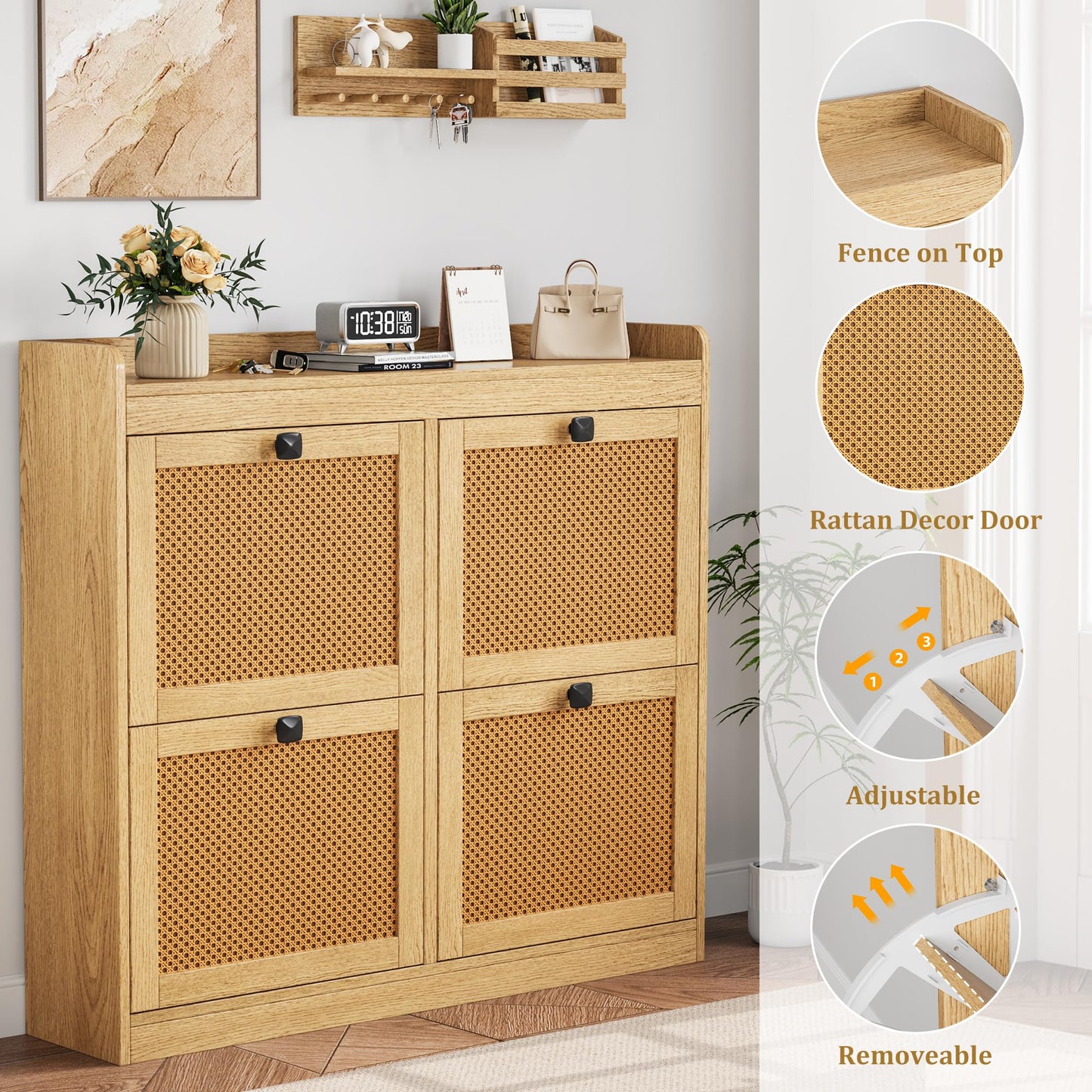 Shoe Cabinet with 4 Deep Flip Drawers, Base Freestanding Wooden Shoe Storage Cabinet with Rattan Door & 3-Tier Adjustable Shelves,Shoe Organizer for Entryway,Hidden Shoe Rack for Hallway,2PCS