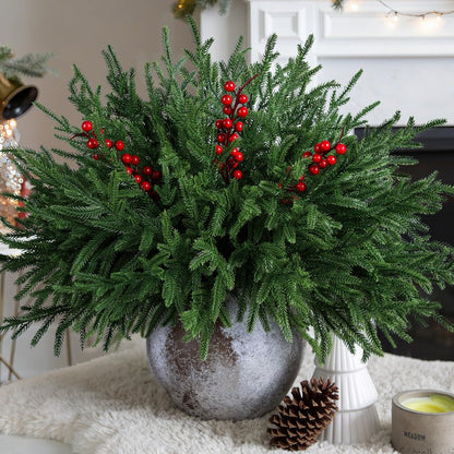 florisso Artificial Faux Christmas Norfolk Pine Stems Branches for Vases,12 Bundles Fake Evergreen Real Touch Greenery Stem with 3 PCS Red Berry Branches for Xmas Holiday Winter Table Indoor Decor