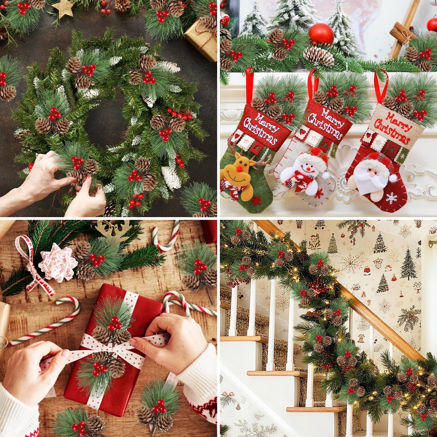 Lukinuo Artificial Berries Pine Picks 25pcs Pine Cone Holly Berry Stems for Crafts Mini Red Berries Pinecones Branches Artificial Christmas Picks and Sprays for Xmas Decor Wreath, Garland, Xmas Tree