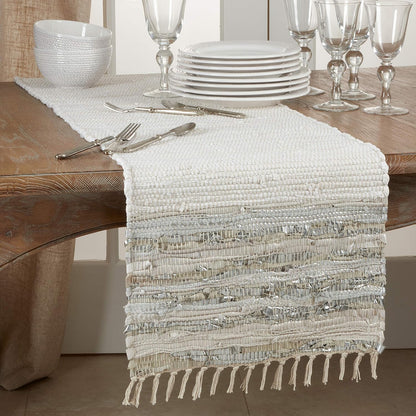SARO LIFESTYLE Les Fêtes Collection Striped Leather Chindi Table Runner, 16" x 72", Silver