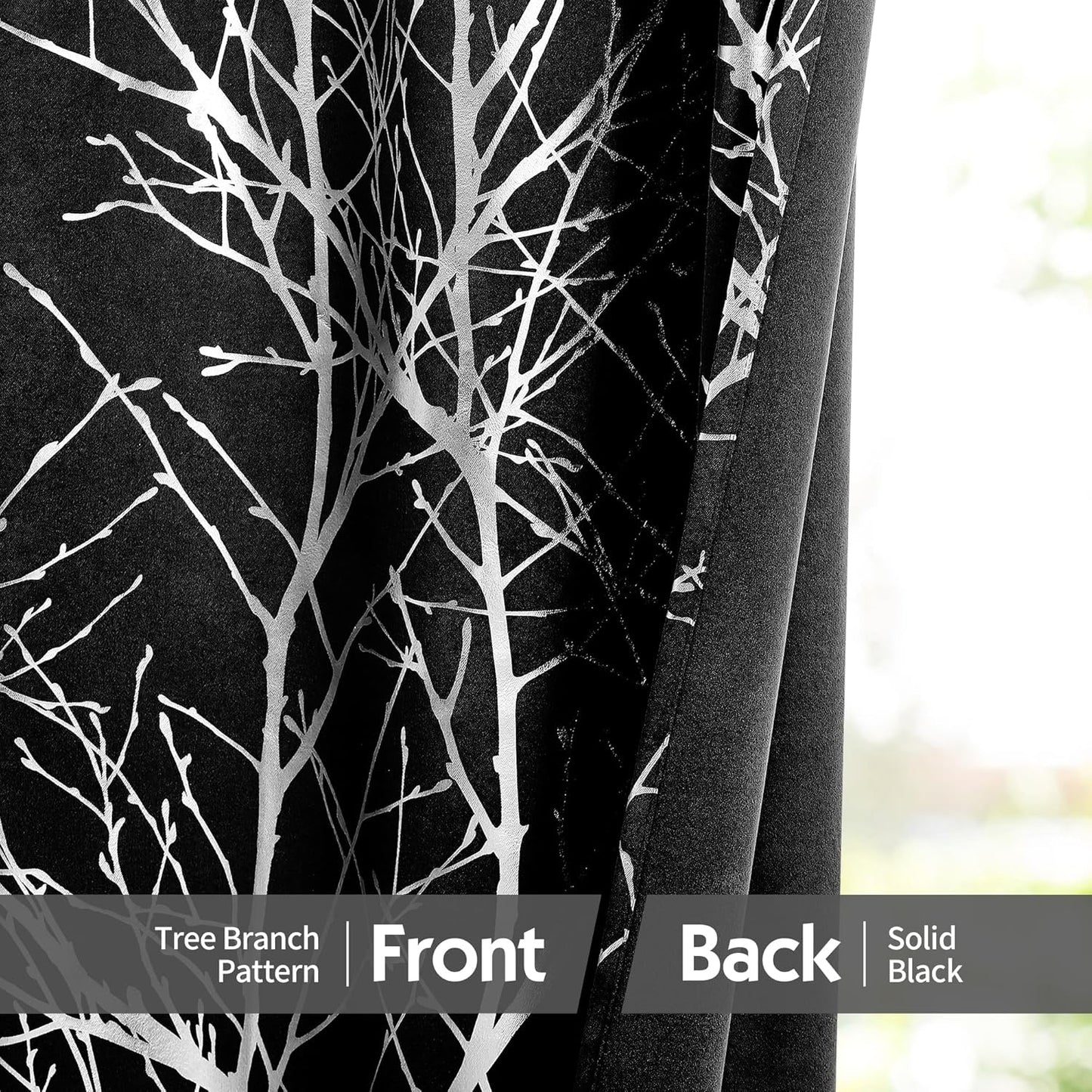 FMFUNCTEX 100% Blackout Curtains for Bedroom, 54 Inch Length Black Branch Panels for Living Room, Thermal Insulated 2