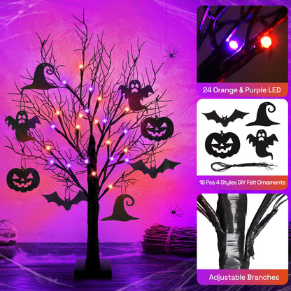 [Timer] 2 Pack 24 Inch Halloween Decorations Indoor, Black Halloween Tree with 24 LED Orange Purple Lights & 16 Pumpkin Bat Ghost Witch Hat, USB/Battery Operated Table Decorations Home Party