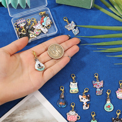 CONCHLERY 20 Pcs Teacup Cat Zipper Charm Cat Stitch Markers Charm Alloy Stitch Marker for Knitting Crocheting Quilting Weaving Jewelry Making Supplies, Mixed Color