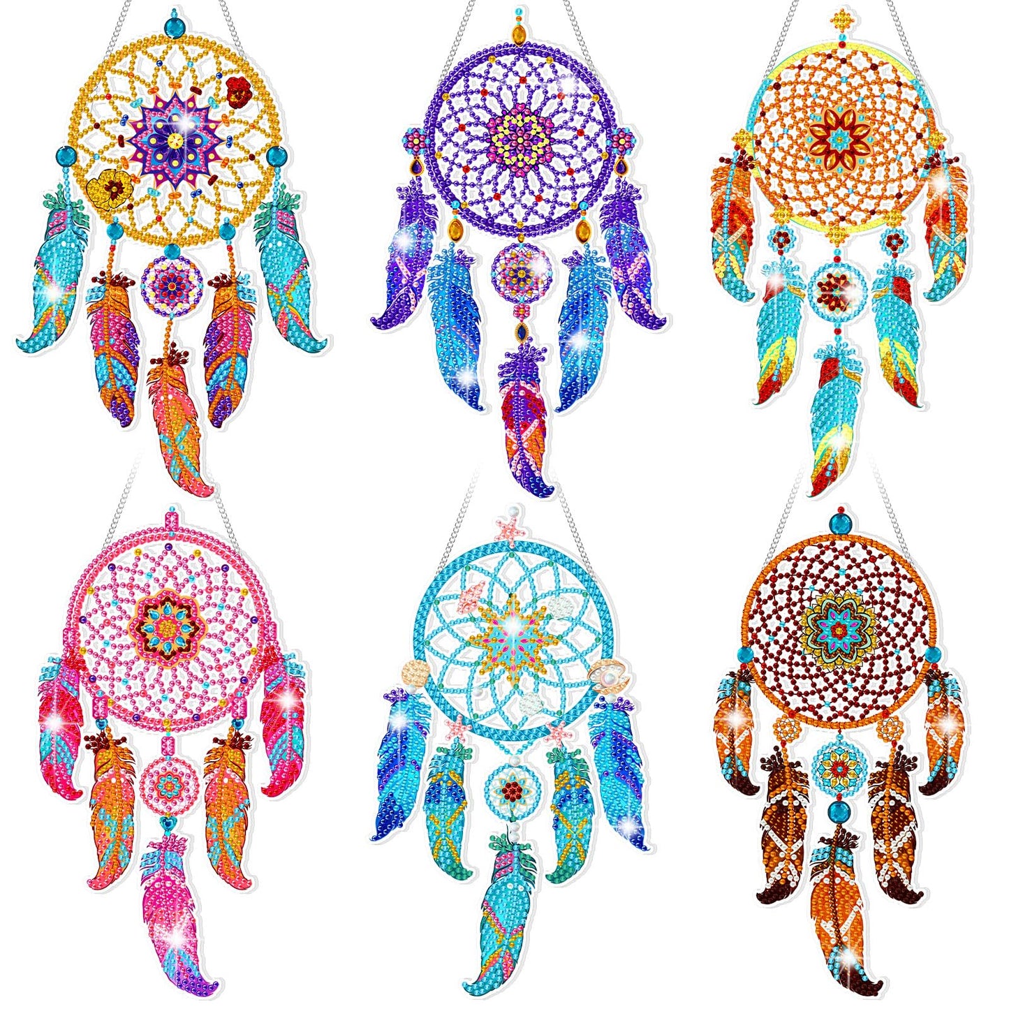 Honoson 6 Pcs Mandala Dream Catcher Diamond Painting Kits for Adults Suncatcher Diamond Art Hanging Kits Wind Chimes 5D Rhinestone Suncatcher Crystal Hanging Ornament for DIY Craft Window Home Decor