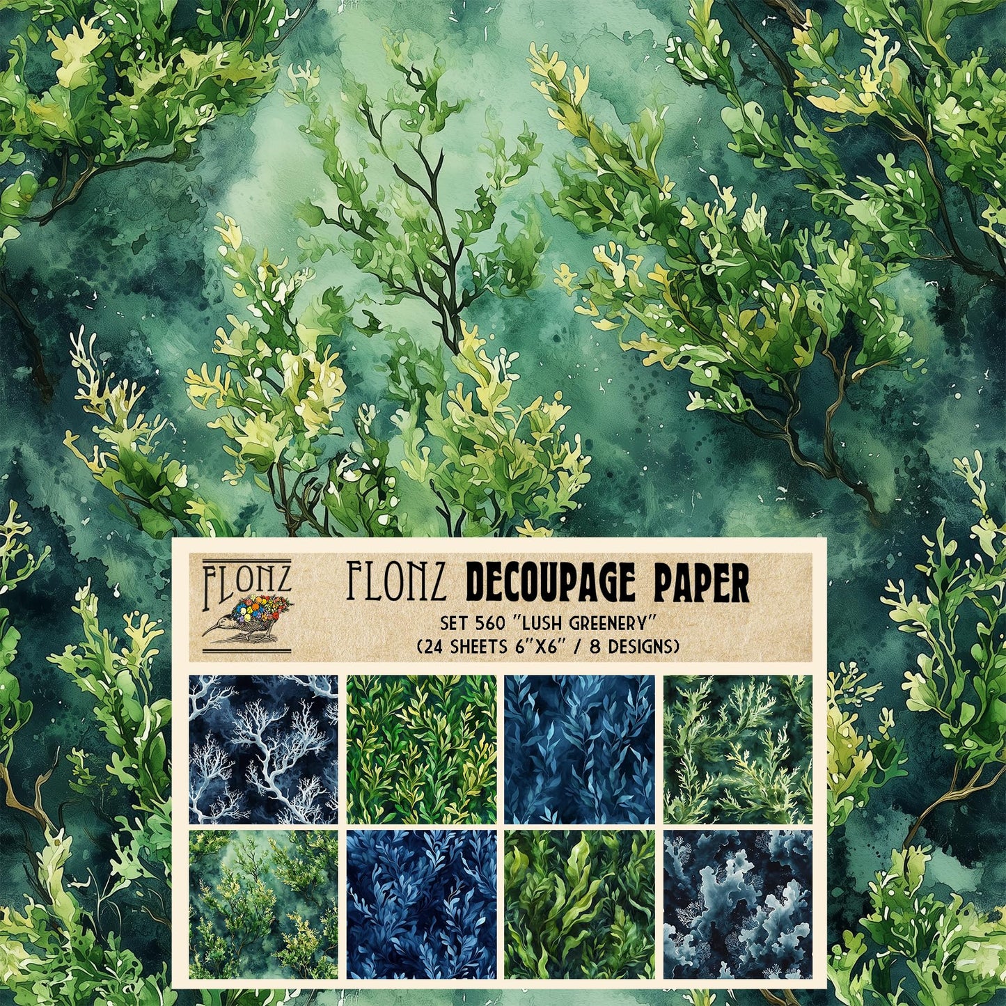 Decoupage Paper Pack (24 Sheets 6"x6") Lush Greenery: Verdant Botanical Motifs for Nature-Inspired Decoupage and Craft Projects # Vintage Styled Paper for Craft and Scrapbooking