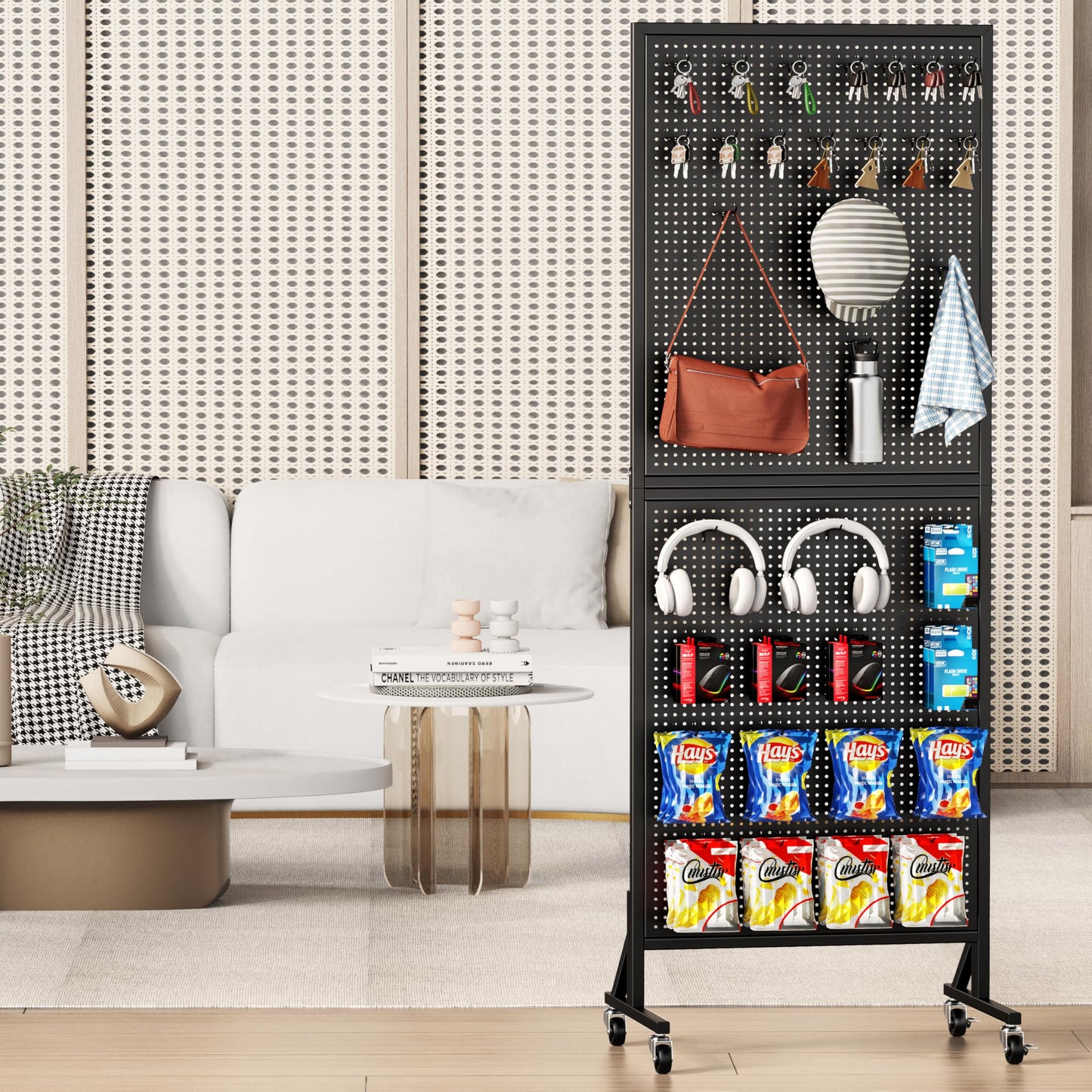 Folews 24″ x 70″ Pegboard Display Stand, Freestanding Metal Peg Board Display with 30 Hooks & Wheels Portable Standing Pegboard Rack for Vendor Retail Craft Show Fair Garage DIY, Black
