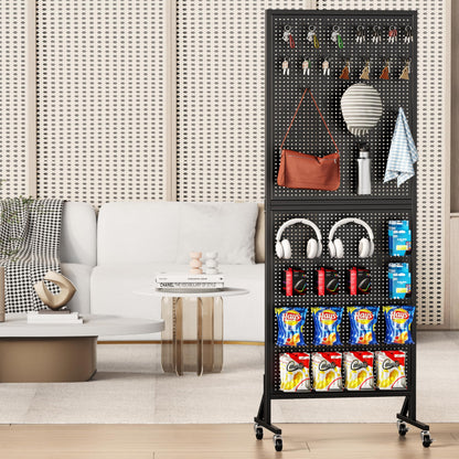 Folews 24″ x 70″ Pegboard Display Stand, Freestanding Metal Peg Board Display with 30 Hooks & Wheels Portable Standing Pegboard Rack for Vendor Retail Craft Show Fair Garage DIY, Black