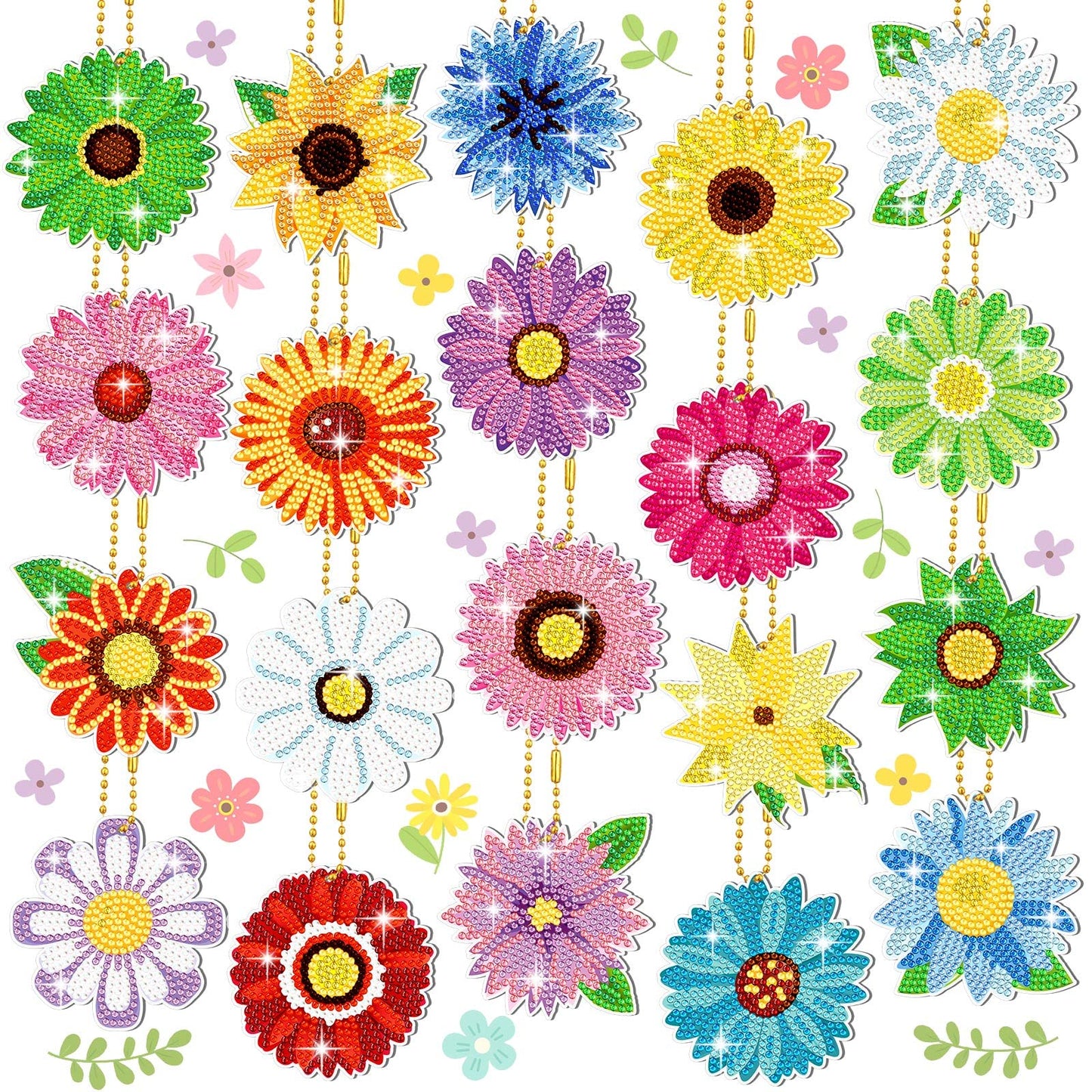 FairySandy 20 Pcs Spring Diamond Painting Flowers Key Chains Diamond Daisy Art Keychains Kits for Adults Sunflower 5D Rhinestones Hanging Ornament Floral Bookmark Key Ring for DIY Party Crafts Gifts
