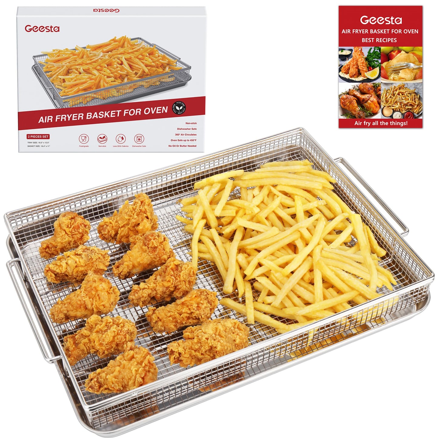 Air Fryer Basket for Oven with 50 Recipes, Extra Large 2 Piece Nonstick Crisper Tray & Basket, Stainless Steel Air Fryer Accessories for Crispy Foods Healthy Cooking, Dishwasher Safe, 16.5” x 12.5”