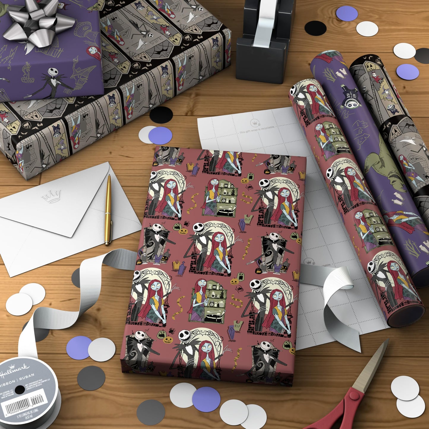 Hallmark Nightmare Before Christmas Wrapping Paper Mini Rolls, 3-Pack (Jack Skellington, Sally, Zero on Pink, Purple, Black) for Birthdays, Valentine's Day, Halloween, Any Occasion - 45 Sq. Ft. Total